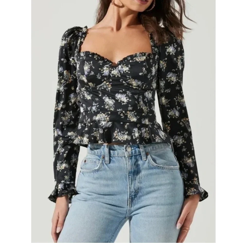 NEW ASTR The Label Floral Corset Sweetheart Neck Underwire Satin Top Black